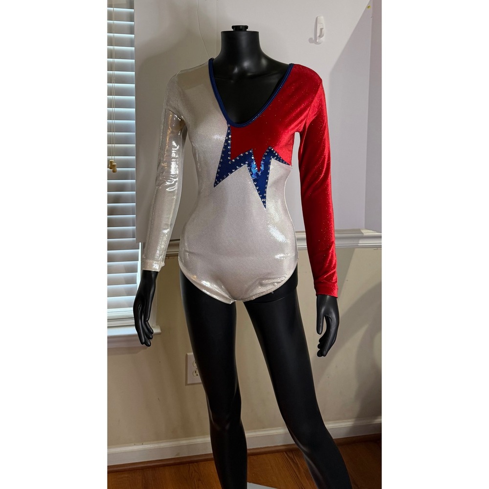 GK Elite Gymnastics Leotard Long Sleeve Red White Blue Sequin Star Rhinestone